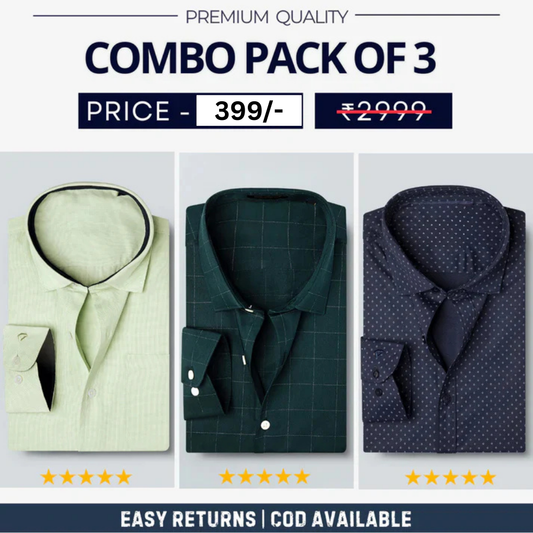 Combo Pack of 3 Men’s Formal Shirts – Stylish & Versatile Collection