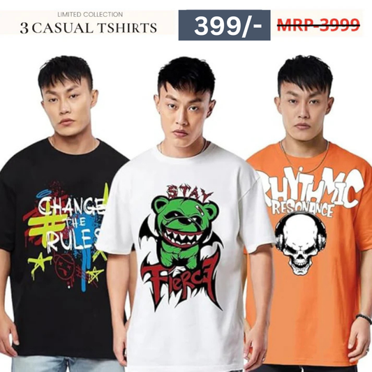 Combo Pack Of 3 -100% Pure Cotton Oversized Baggy Fit Half Sleeve Printed Round Neck Multicolor Drop Shoulder T-Shirt for Men & Boys