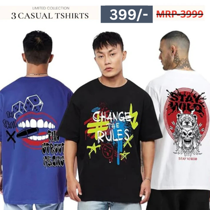 Combo Pack Of 3 -100% Pure Cotton Oversized Baggy Fit Half Sleeve Printed Round Neck Multicolor Drop Shoulder T-Shirt for Men & Boys
