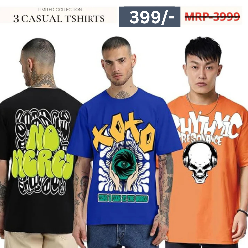 Combo Pack Of 3 -100% Pure Cotton Oversized Baggy Fit Half Sleeve Printed Round Neck Multicolor Drop Shoulder T-Shirt for Men & Boys