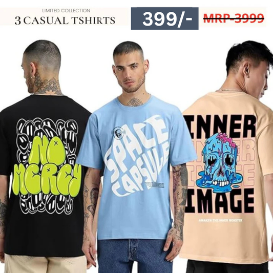 Combo Pack Of 3 -100% Pure Cotton Oversized Baggy Fit Half Sleeve Printed Round Neck Multicolor Drop Shoulder T-Shirt for Men & Boys