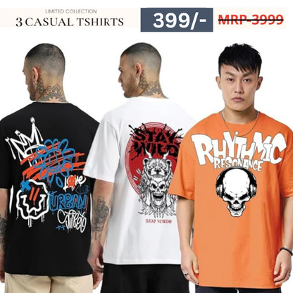 Combo Pack Of 3 -100% Pure Cotton Oversized Baggy Fit Half Sleeve Printed Round Neck Multicolor Drop Shoulder T-Shirt for Men & Boys
