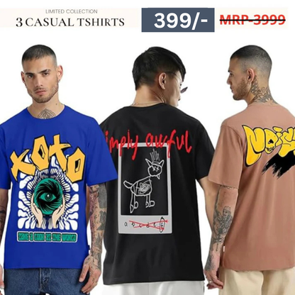 Combo Pack Of 3 -100% Pure Cotton Oversized Baggy Fit Half Sleeve Printed Round Neck Multicolor Drop Shoulder T-Shirt for Men & Boys