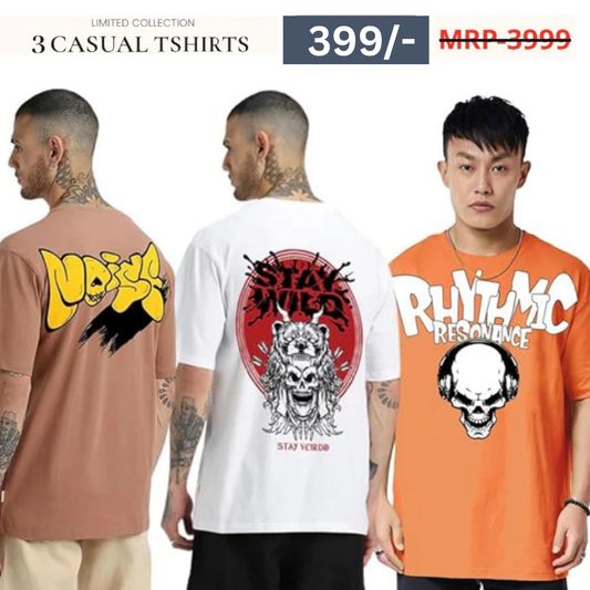 Combo Pack Of 3 -100% Pure Cotton Oversized Baggy Fit Half Sleeve Printed Round Neck Multicolor Drop Shoulder T-Shirt for Men & Boys