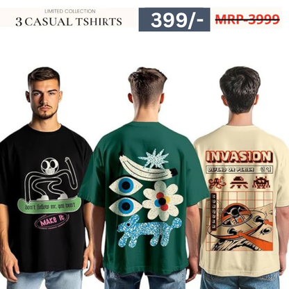 Combo Pack Of 3 -100% Pure Cotton Oversized Baggy Fit Half Sleeve Printed Round Neck Multicolor Drop Shoulder T-Shirt for Men & Boys