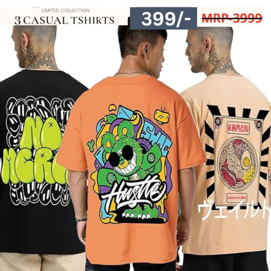 Combo Pack Of 3 -100% Pure Cotton Oversized Baggy Fit Half Sleeve Printed Round Neck Multicolor Drop Shoulder T-Shirt for Men & Boys