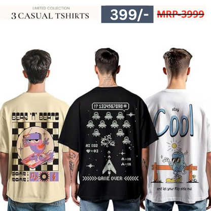 Combo Pack Of 3 -100% Pure Cotton Oversized Baggy Fit Half Sleeve Printed Round Neck Multicolor Drop Shoulder T-Shirt for Men & Boys