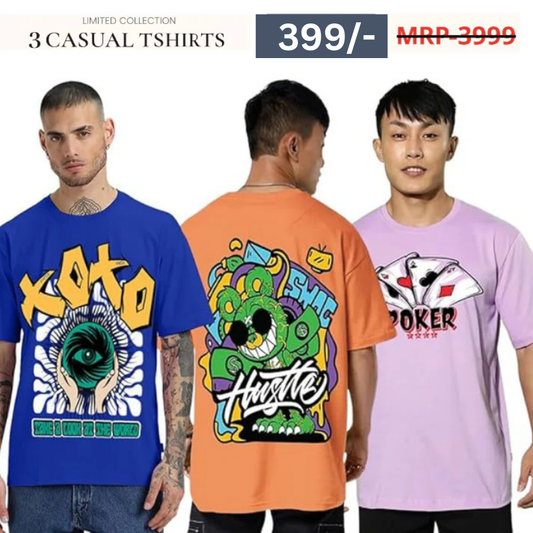Combo Pack Of 3 -100% Pure Cotton Oversized Baggy Fit Half Sleeve Printed Round Neck Multicolor Drop Shoulder T-Shirt for Men & Boys
