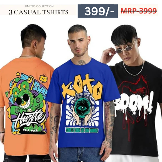 Combo Pack Of 3 -100% Pure Cotton Oversized Baggy Fit Half Sleeve Printed Round Neck Multicolor Drop Shoulder T-Shirt for Men & Boys