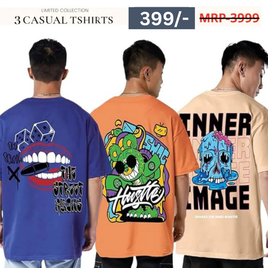 Combo Pack Of 3 -100% Pure Cotton Oversized Baggy Fit Half Sleeve Printed Round Neck Multicolor Drop Shoulder T-Shirt for Men & Boys