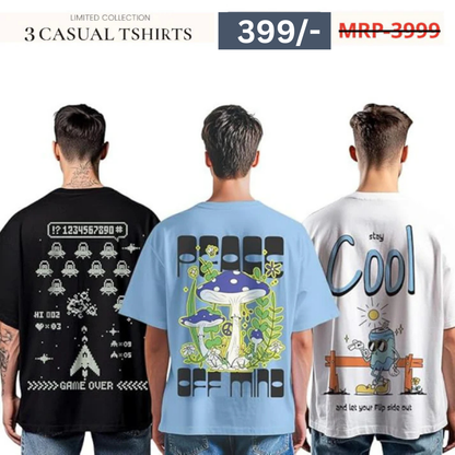 Combo Pack Of 3 -100% Pure Cotton Oversized Baggy Fit Half Sleeve Printed Round Neck Multicolor Drop Shoulder T-Shirt for Men & Boys