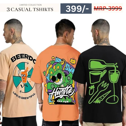 Combo Pack Of 3 -100% Pure Cotton Oversized Baggy Fit Half Sleeve Printed Round Neck Multicolor Drop Shoulder T-Shirt for Men & Boys