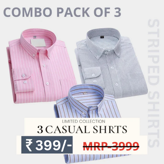 Premium Full Sleeves Striped Shirt 100% High Quality Combo Pack Of 3